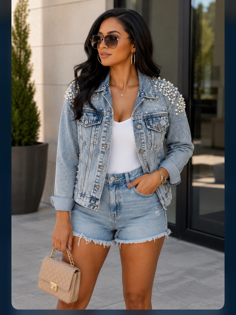 Pearl-Embellished Light Wash Denim Jacket